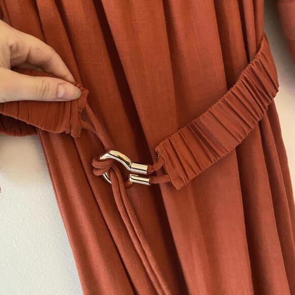 SUNCOO burnt orange long sleeve belted peasant dress - Picture 2 of 8